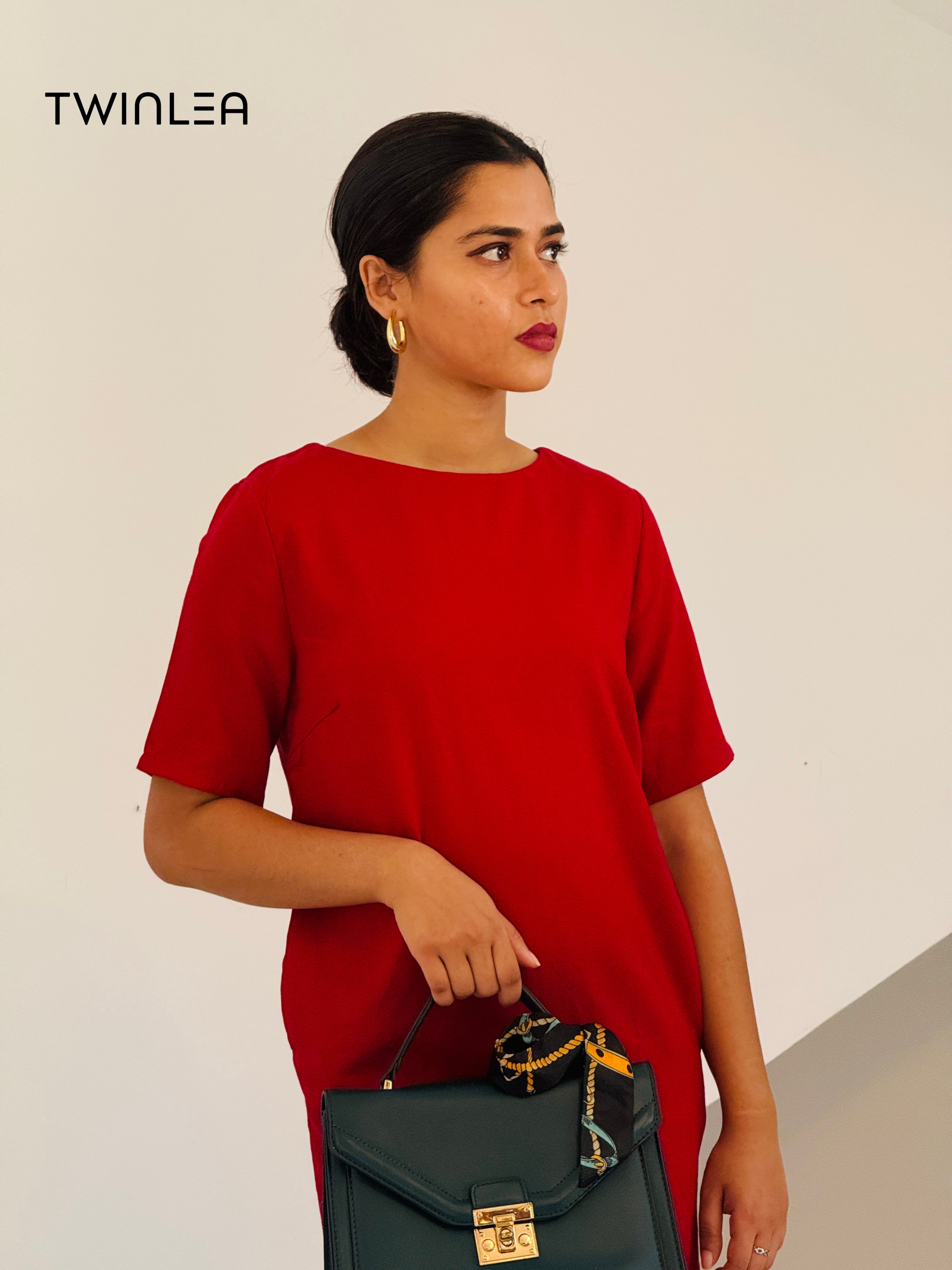 Minimalist Shift Dress - Navy Blue and Red