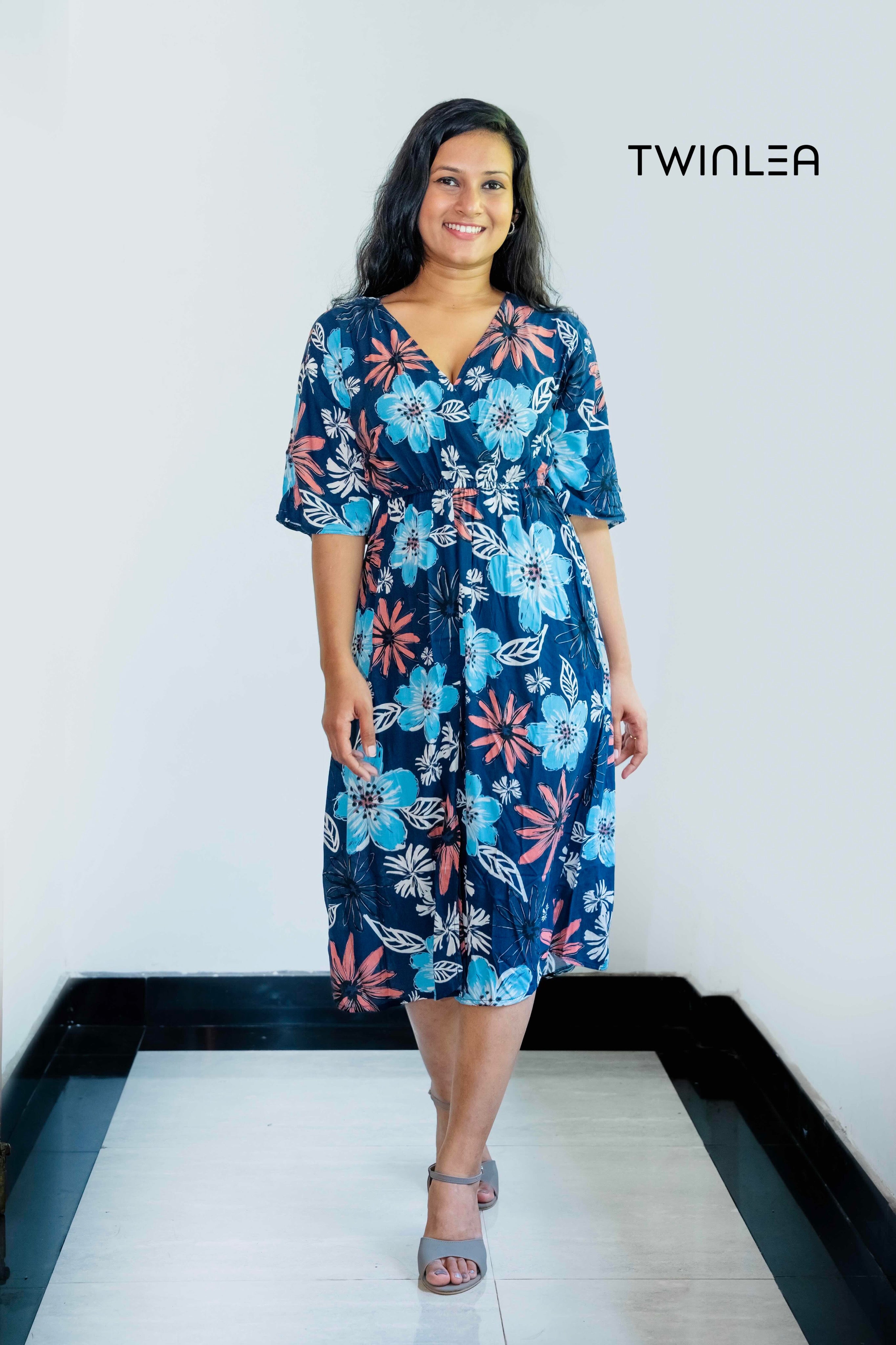 Navy Blue Blossom Wrap Dress