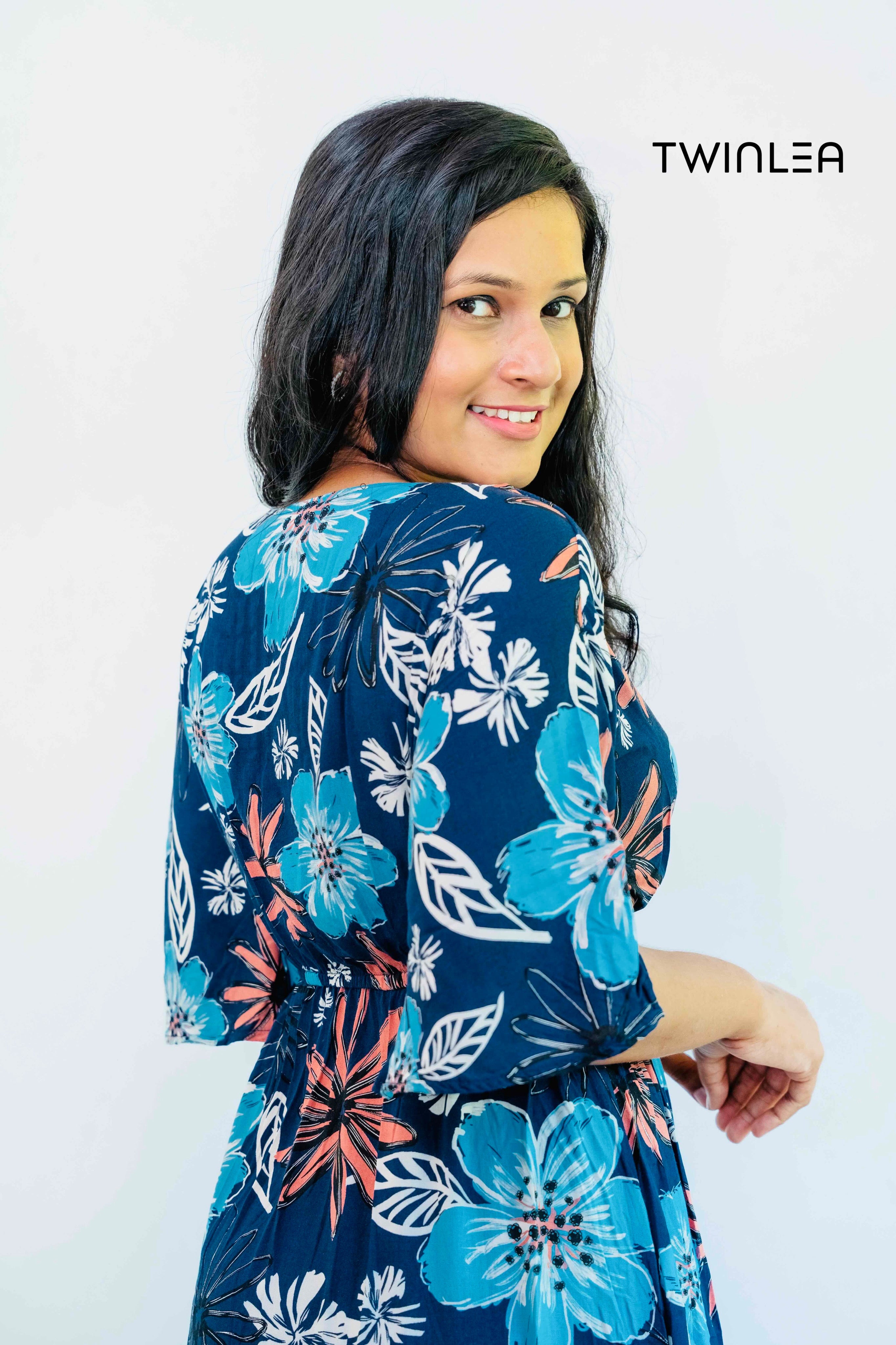 Navy Blue Blossom Wrap Dress